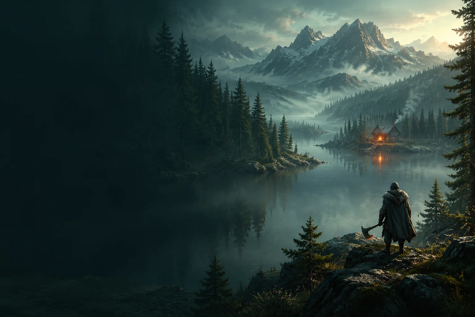 Original illustration of an explorer overlooking a misty northern forest and a warm forge